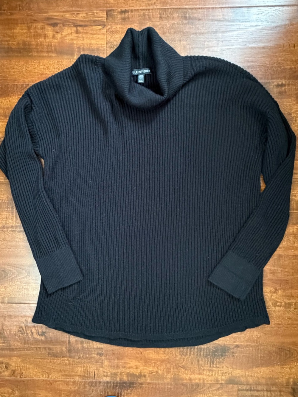 Eileen Fisher Black Ribbed Cowl-Neck Extra fine merino wool Sweater